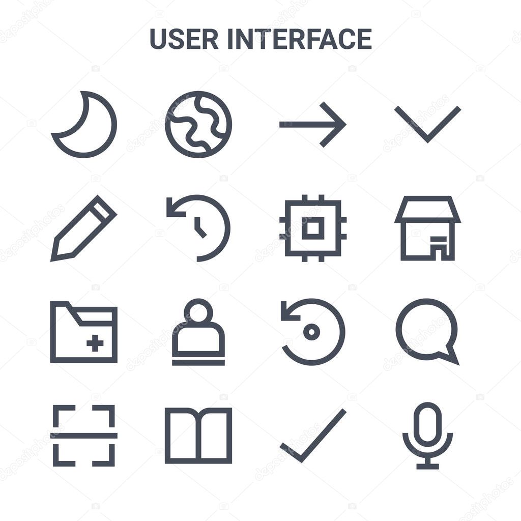 set of 16 user interface concept vector line icons. 64x64 thin stroke icons such as globe, pencil, store, reload, book, microphone, check mark, processor, arrow down