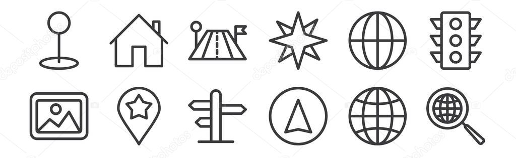 12 set of linear navigation icons. thin outline icons such as comunications, gps, location, worldwide, travel, home for web, mobile