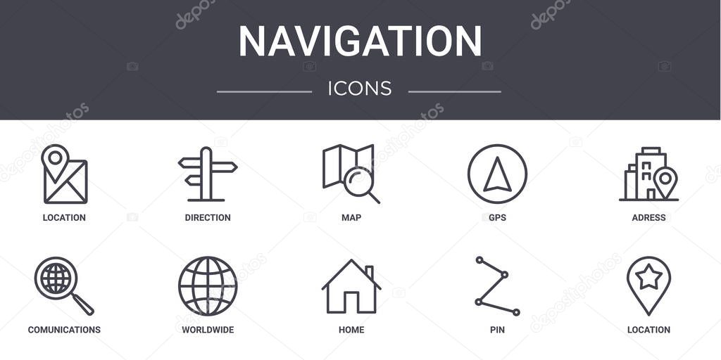 navigation concept line icons set. contains icons usable for web, logo, ui/ux such as direction, gps, comunications, home, pin, location, adress, map