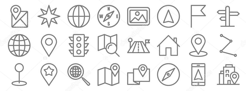navigation line icons. linear set. quality vector line set such as adress, compass, location, pin, location, traffic, direction, photo, compass