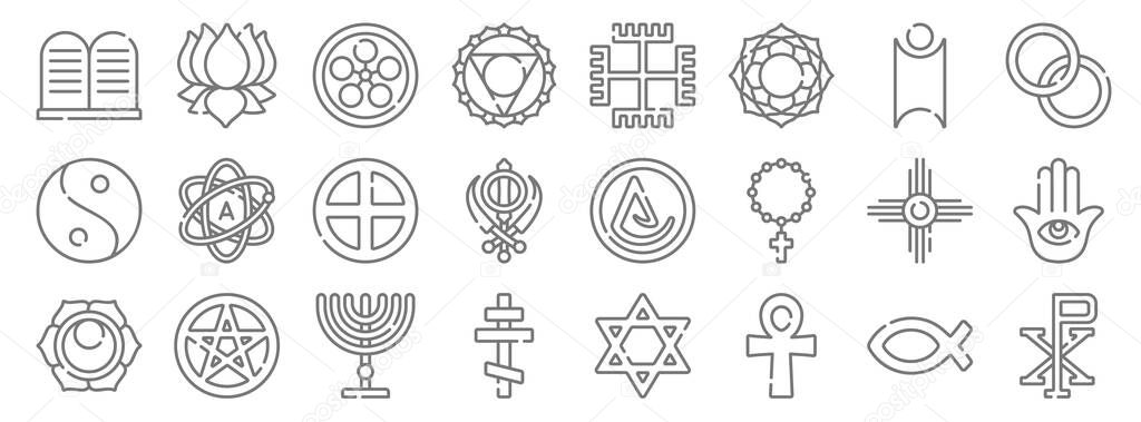 spiritual symbols line icons. linear set. quality vector line set such as chi rho, ankh, orthodox cross, svadhishthana, native american, spirituality, spiritual, paganism, ayyavazhi