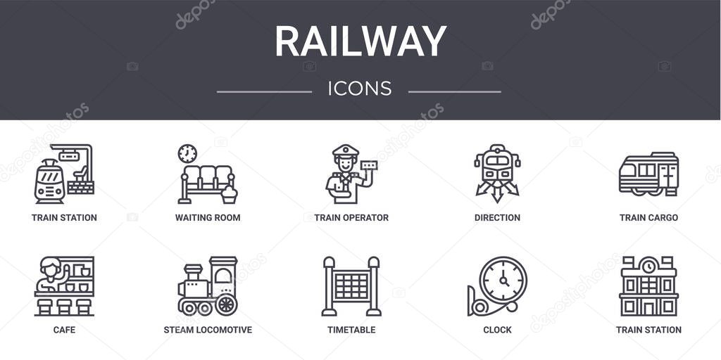 railway concept line icons set. contains icons usable for web, logo, ui/ux such as waiting room, direction, cafe, timetable, clock, train station, train cargo, train operator