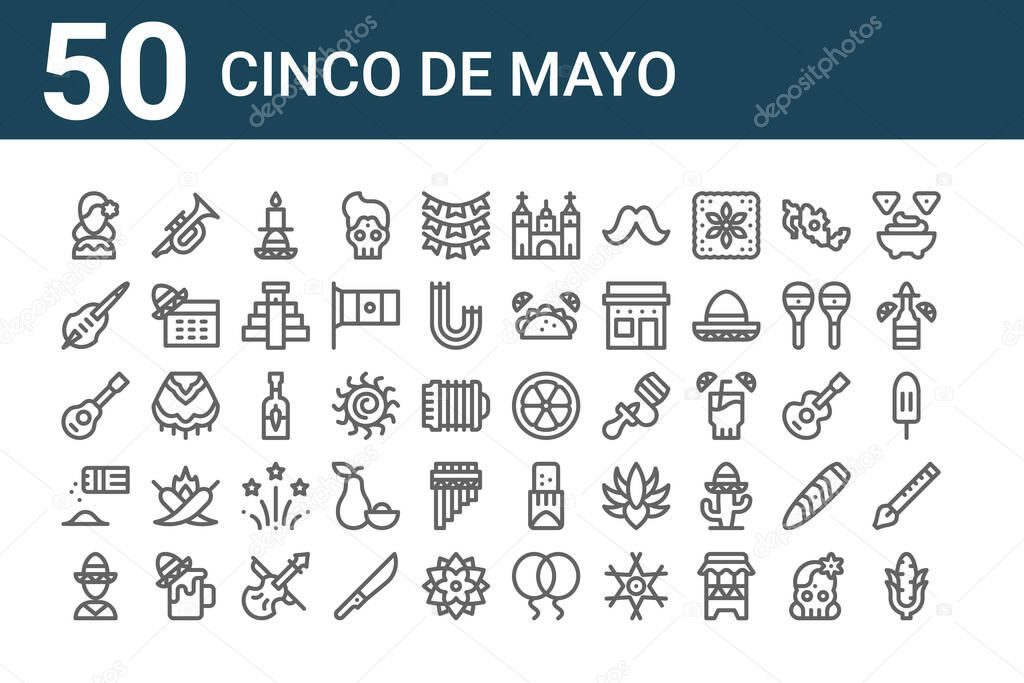 set of 50 cinco de mayo icons. outline thin line icons such as corn, mexican, salt and pepper, jarana, toloche, trumpet, lime
