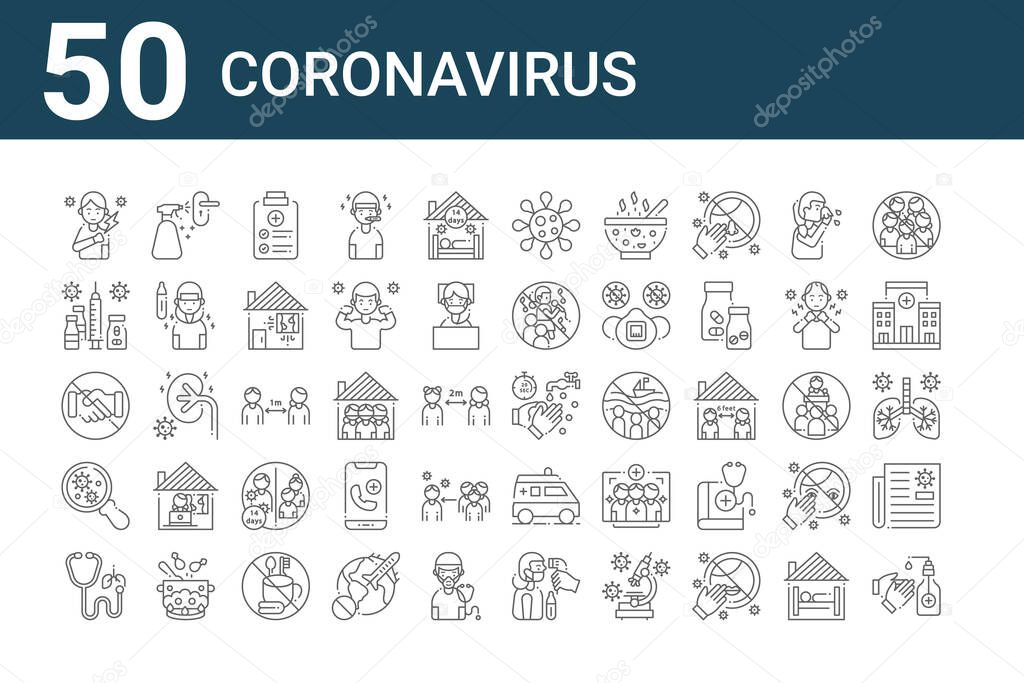 set of 50 coronavirus icons. outline thin line icons such as hand wash, stethoscope, magnifying glass, handshake, medicine, clean, hand wash