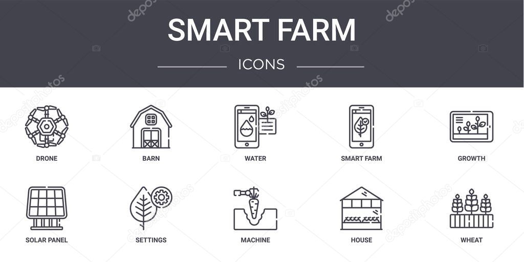 smart farm concept line icons set. contains icons usable for web, logo, ui/ux such as barn, smart farm, solar panel, machine, house, wheat, growth, water
