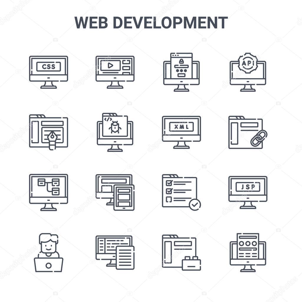 set of 16 web development concept vector line icons. 64x64 thin stroke icons such as video, de, link, testing, backend, landing page, plugin, xml, api
