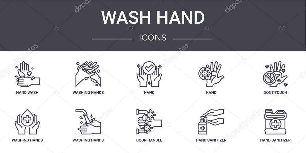 wash hand concept line icons set. contains icons usable for web, logo, ui/ux such as washing hands, hand, washing hands, door handle, hand sanitizer, sanitizer, dont touch,