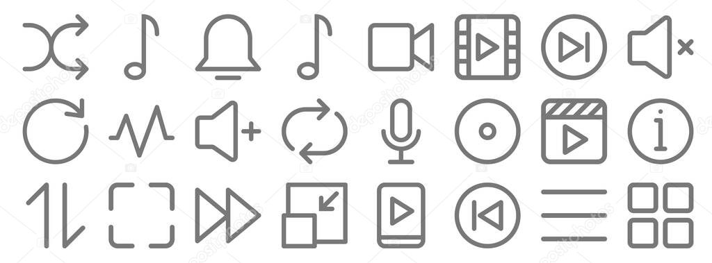 multimedia line icons. linear set. quality vector line set such as menu, back, minimize, exchange, video, volume up, mute, video, music