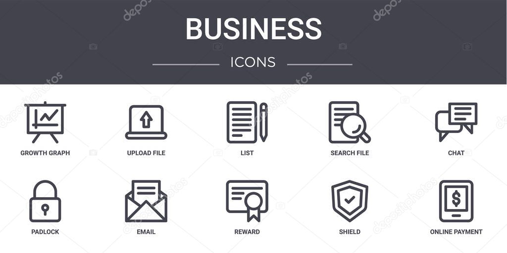 business concept line icons set. contains icons usable for web, logo, ui/ux such as upload file, search file, padlock, reward, shield, online payment, chat, list