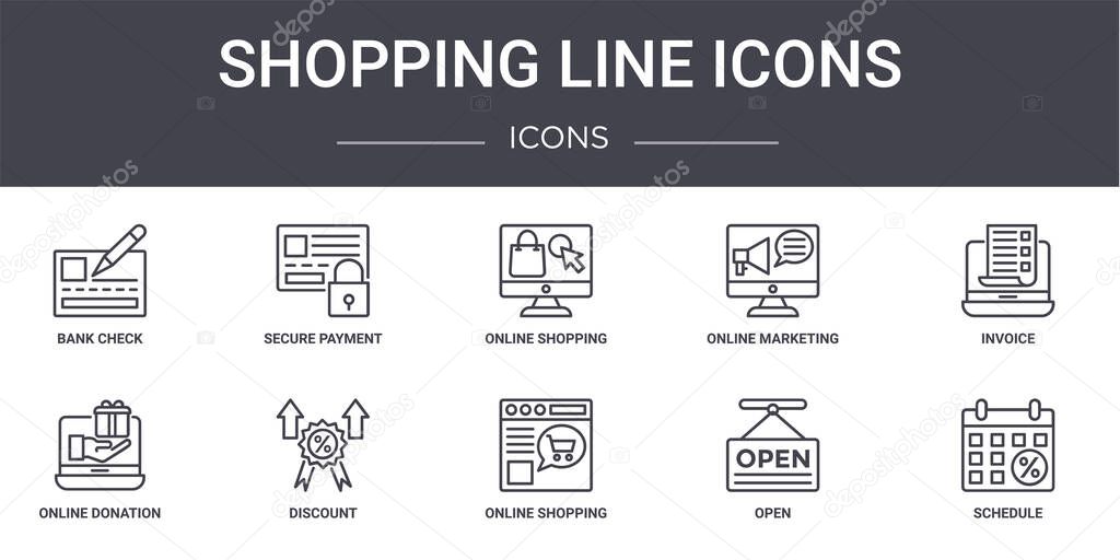 shopping line icons concept line icons set. contains icons usable for web, logo, ui/ux such as secure payment, online marketing, online donation, online shopping, open, schedule, invoice, shopping