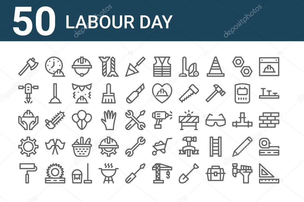 set of 50 labour day icons. outline thin line icons such as rulers, paint roller, settings, labor day, jackhammer, working hours, drill