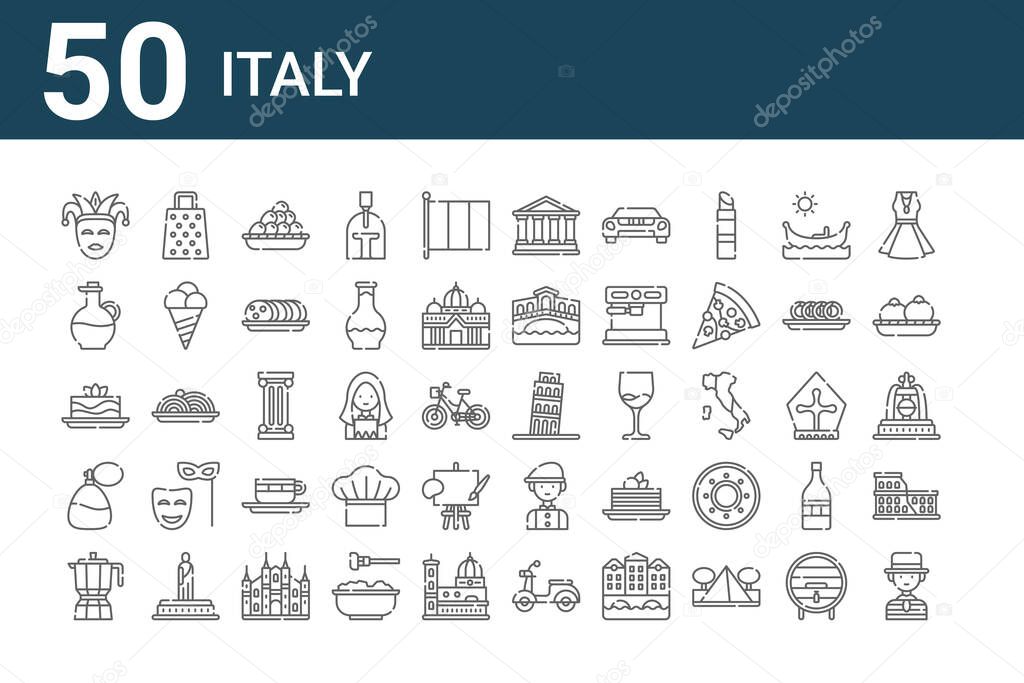 set of 50 italy icons. outline thin line icons such as gondolier, coffee pot, perfume, lasagna, olive oil, cheese grater, , rome, pillar, man