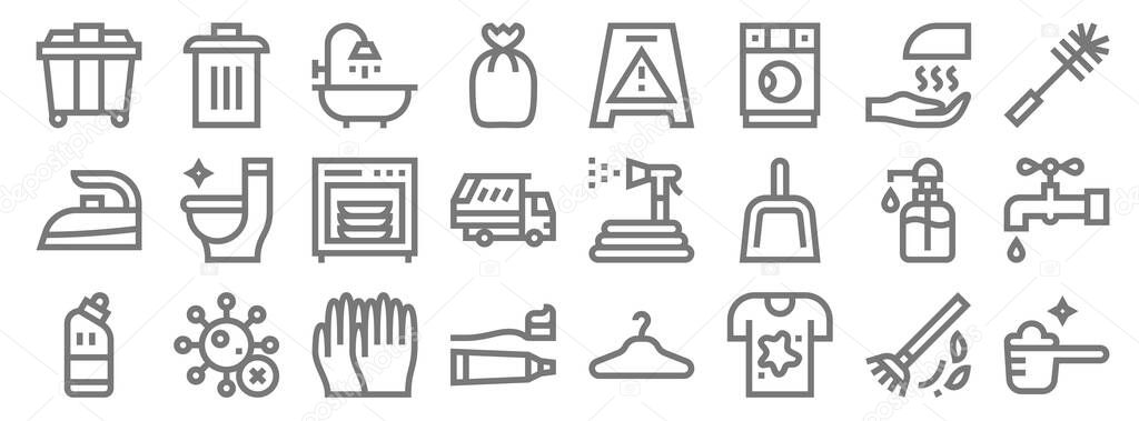 cleaning line icons. linear set. quality vector line set such as detergent, tshirt, toothpaste, toilet, hand wash, dishwasher, wc, caution, trash bin