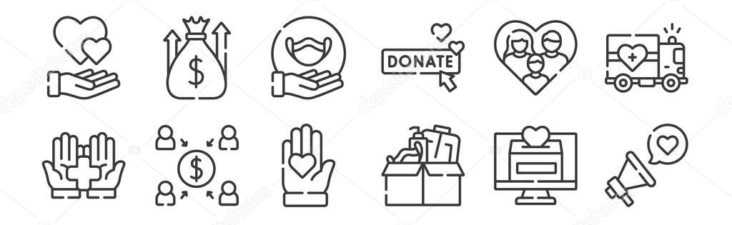 12 set of linear kindness icons. thin outline icons such as megaphone, medical, crowdfunding, family, medical mask, fundraising for web, mobile