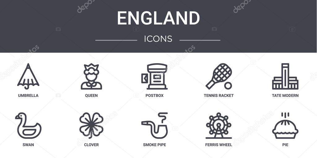 england concept line icons set. contains icons usable for web, logo, ui/ux such as queen, tennis racket, swan, smoke pipe, ferris wheel, pie, tate modern, postbox
