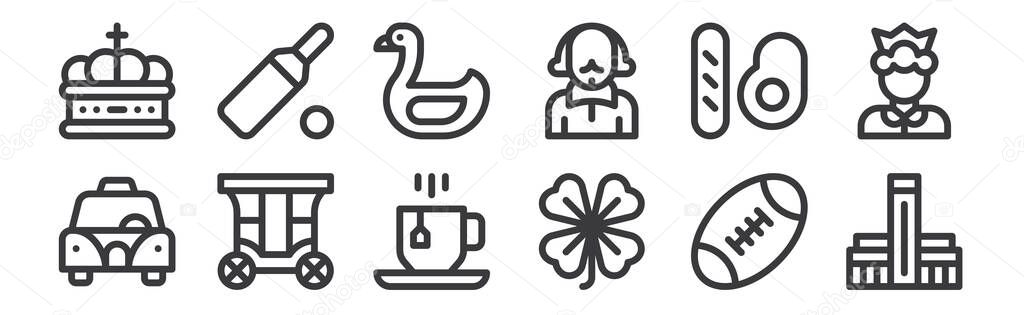 12 set of linear england icons. thin outline icons such as tate modern, clover, carriage, english breakfast, swan, cricket for web, mobile