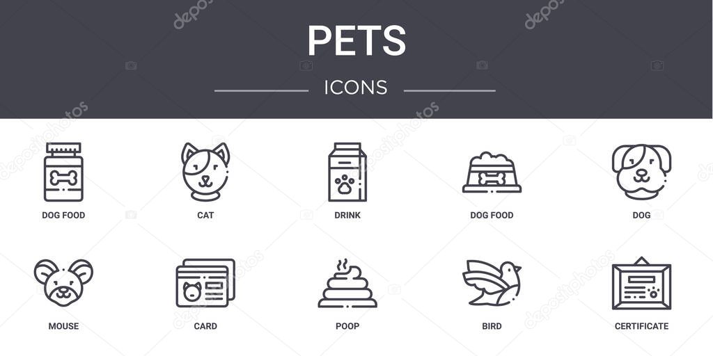 pets concept line icons set. contains icons usable for web, logo, ui/ux such as cat, dog food, mouse, poop, bird, certificate, dog, drink