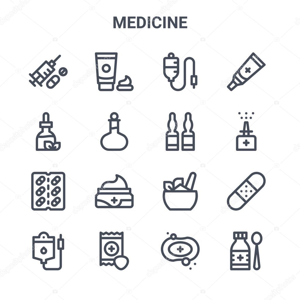 set of 16 medicine concept vector line icons. 64x64 thin stroke icons such as cream, tincture, nasal spray, ayurvedic, throat, syrup, soap, ampoule, ointment
