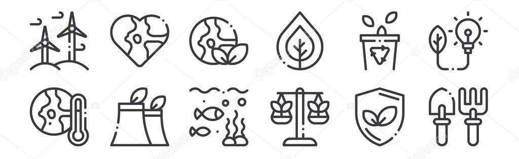 12 set of linear ecology icons. thin outline icons such as gardening tools, ecology, nuclear plant, trash, earth, earth for web, mobile