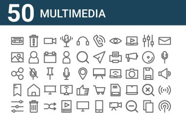 50 multimedya simgesi. İnce çizgi simgeleri, eşitleyici, etiket, paylaşım, resim, kaldırma, tahta gibi