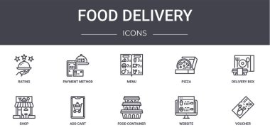 Yemek teslimatı konsept çizgisi simgeleri ayarlandı. Web, logo, ödeme yöntemi, pizza, dükkan, yiyecek kutusu, web sitesi, kupon, dağıtım kutusu, menü gibi simgeler içerir