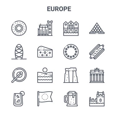 Avrupa konsept vektör çizgisi simgelerinden oluşan 16 set. 64x64 Dublin kalesi, turşu, sosis, stonehenge, Avrupa, belem kulesi, bira, avrupa, louvre