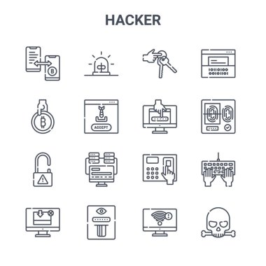 16 hacker konsept vektör çizgisi simgesi. 64x64 Uyarı, bitcoin, parmak izi taraması, erişim, veri hırsızlığı, kurukafa, wifi, şifre, hacker gibi ince vuruş simgeleri