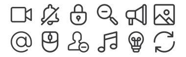 12 adet doğrusal kullanıcı arayüzü simgesi. Senkronizasyon, müzik notası, fare, pazarlama, kilitlenme, web bildirimi, mobil