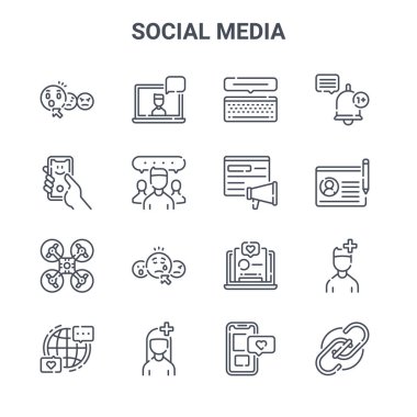 16 sosyal medya konsept vektör çizgisi simgesi. Dizüstü bilgisayar, özçekim, profil, dizüstü bilgisayar, kullanıcı, link, akıllı telefon, virüs, bildirim gibi 64x64 ince vuruş simgeleri