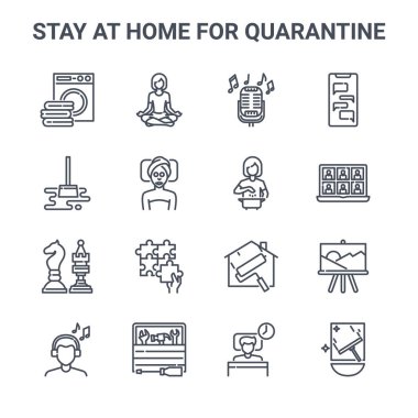 Karantina konsept vektör çizgisi simgeleri için 16 kişi evde kalsın. 64x64 Yoga pozu, temizlik paspası, seminer, boya, alet çantası, temizlik, insan uykusu, yemek pişirme, sohbet gibi ince vuruş simgeleri