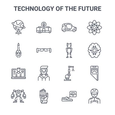 Gelecekteki konsept vektör çizgisi simgelerinin 16 teknolojisinden oluşan bir set. 64x64 elektrikli otobüs, roket, yapay zeka, vinç, eldiven, insan, akıllı ayakkabılar, dış iskelet, bilim gibi ince vuruş simgeleri