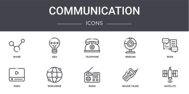 İletişim konsepti simgeleri ayarlandı. Web, logo, ui / ux, fikir, webcam, video, radyo, telsiz, uydu, kitap, telefon gibi simgeler içerir