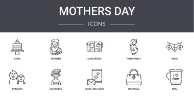 Anneler Günü konsept çizgisi simgeleri ayarlandı. Web, logo, ui / ux, anne, hamilelik, penguen, tebrik kartı, el çantası, kupa, anne, albüm gibi simgeler içerir