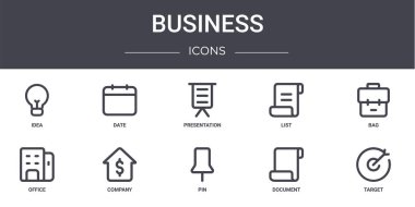 İş konsepti simgeleri ayarlandı. Web, logo, ui / ux, tarih, liste, ofis, pin, belge, hedef, çanta, sunum gibi simgeler içerir