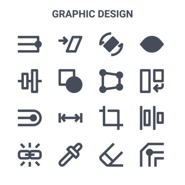 16 grafik tasarım konsept vektör çizgisi simgesi. Kırpma, döndürme, kırpma, kırpma, göz damlası, eğim, silme, dönüşüm, göz gibi 64x64 ince vuruş simgeleri