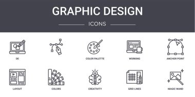 Grafik tasarım konsept çizgisi simgeleri ayarlandı. Web, logo, ui / ux, çalışma düzeni, yaratıcılık, ızgara çizgileri, sihirli değnek, dayanak noktası, renk paleti gibi simgeler içerir