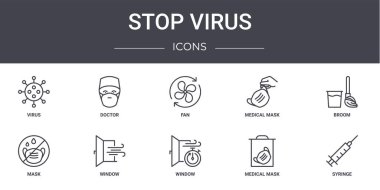 Virüs konsept çizgisi simgelerini durdur. Web, logo, ui / ux, doktor, tıbbi maske, maske, pencere, tıbbi maske, şırınga, süpürge, fan gibi simgeler içerir