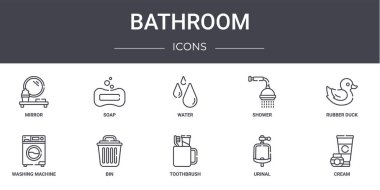 Banyo konsepti simgeleri ayarlandı. Ağ, logo, sabun, duş, çamaşır makinesi, diş fırçası, pisuar, krem, plastik ördek, su gibi simgeler içerir