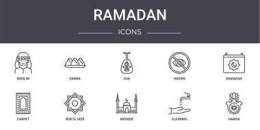 Ramazan konsept çizgisi simgeleri ayarlandı. Samsa, gizli, halı, cami, temizlik, hamsa, ramazan, oud gibi ağ, logo, ui / ux gibi simgeler içerir