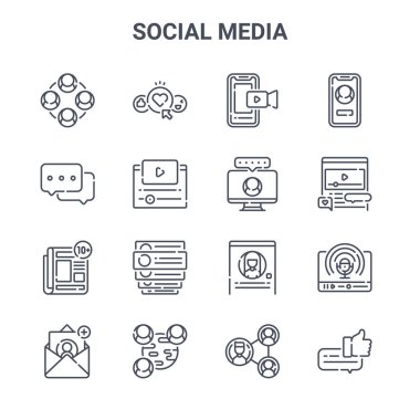 16 sosyal medya konsept vektör çizgisi simgesi. Kalp, sohbet kutusu, video oynatıcı, profil, ağ, balon konuşması, ağ, monitör, akıllı telefon gibi 64x64 ince vuruş simgeleri