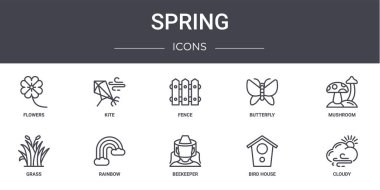 Bahar konsepti simgeleri ayarlandı. Uçurtma, kelebek, ot, arıcı, kuş evi, bulutlu, mantar, çit gibi ağ, logo, ui / ux gibi simgeler içerir