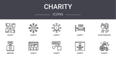 Hayır işi konsepti simgeleri ayarlandı. Web, logo, ui / ux gibi yardım, yardım, ilaç, kan bağışı gibi simgeler içerir,