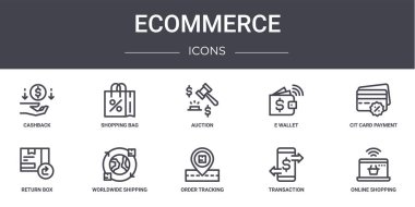 Ecommerce konsept çizgi simgeleri ayarlandı. Web, logo, alışveriş çantası, e cüzdan, iade kutusu, sipariş takibi, online alışveriş, sitli kart ödemesi, açık artırma gibi simgeler içerir
