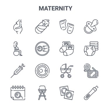 16 annelik konsepti vektör çizgisi simgesi. 64x64 İnce vuruş simgeleri bebek, spor, bebek bezi, bebek arabası, yüksek sandalye, hamilelik testi, prezervatif, bebek çorapları, emzik gibi