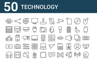 50 teknoloji ikonu. web cam, kulaklık, oyun, joystick, hesap makinesi, paylaşım, hesap makinesi gibi ince çizgi simgeleri
