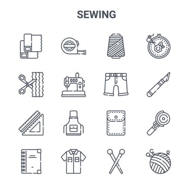 16 adet konsept vektör çizgisi simgesi. 64x64 mezura, makas, kesici, cep, gömlek, iplik, iğne, şort, nakış gibi ince vuruş simgeleri