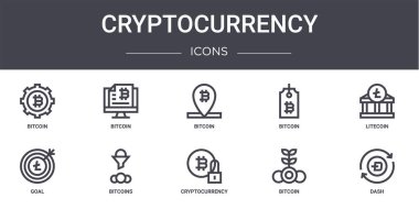 Kripto para birimi konsept çizgisi simgeleri ayarlandı. Web, logo, bitcoin, bitcoin, hedef, kripto para, bitcoin, dash, litekoin gibi simgeler içerir,
