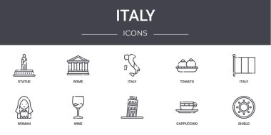 İtalya konsept çizgisi simgeleri ayarlandı. Ağ, logo, ui / ux, Roma, domates, kadın, cappuccino, kalkan, italyan, italyan gibi simgeler içerir