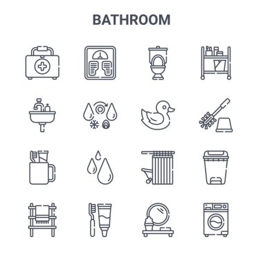 16 banyo konsepti vektör çizgisi simgesi. 64x64 ağırlık ölçeği, lavabo, tuvalet fırçası, duş perdesi, diş bakımı, çamaşır makinesi, ayna, plastik ördek, tramvay gibi ince vuruş simgeleri