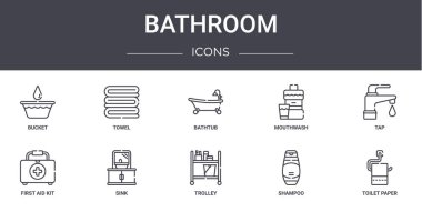 Banyo konsepti simgeleri ayarlandı. Web, logo, havlu, gargara, ilk yardım çantası, tramvay, şampuan, tuvalet kağıdı, musluk, banyo küveti gibi simgeler içerir